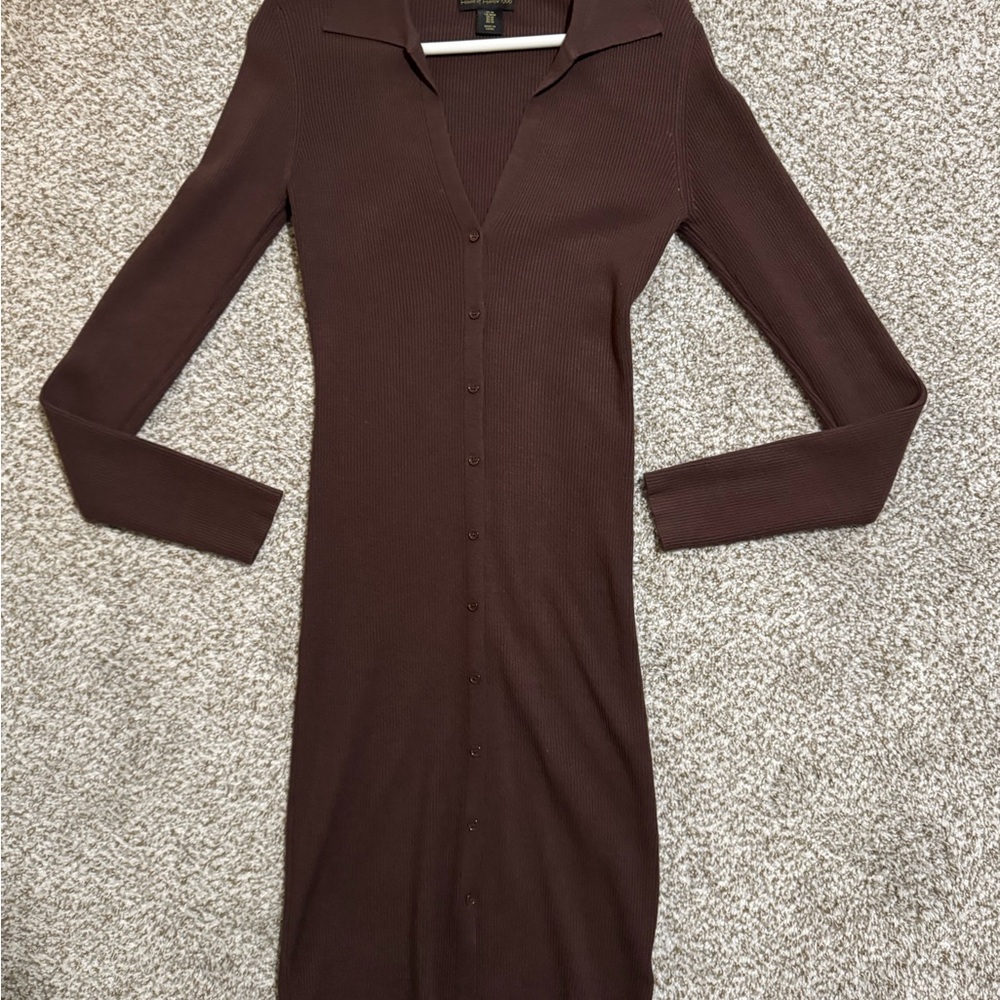 Brown Button-Up Ribbed Dress